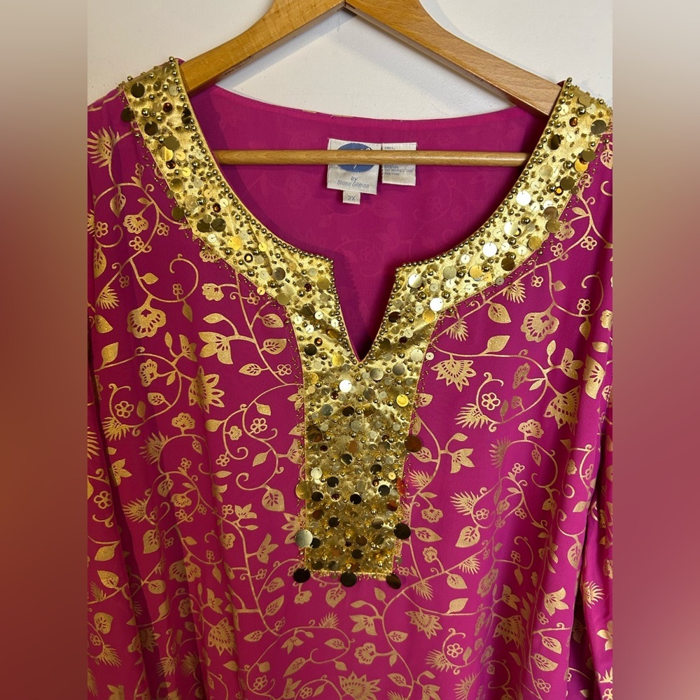 NWT VTG Diane Gilman Fuchsia and Gold Floral Tunic Beaded Blouse Size 2X Floral - Picture 12 of 16